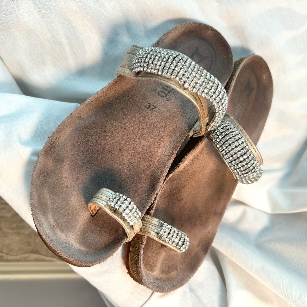 Mephisto Metallic Rhinestone Strappy Toe Loop Comfort Slide Sandal